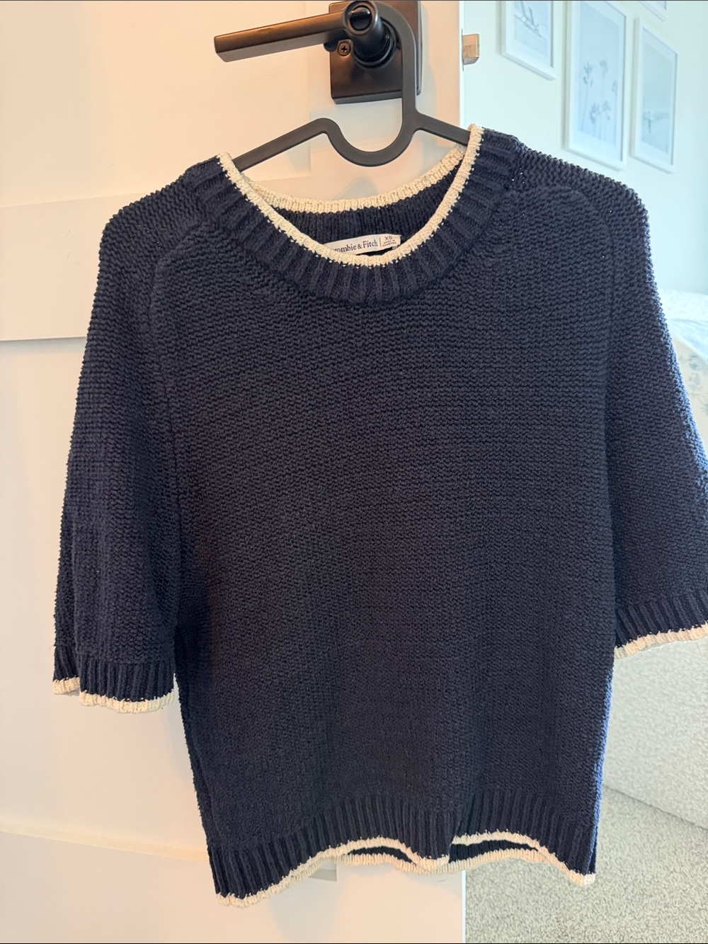 Abercrombie & Fitch Navy Short-Sleeve Crew Sweater with White Trim